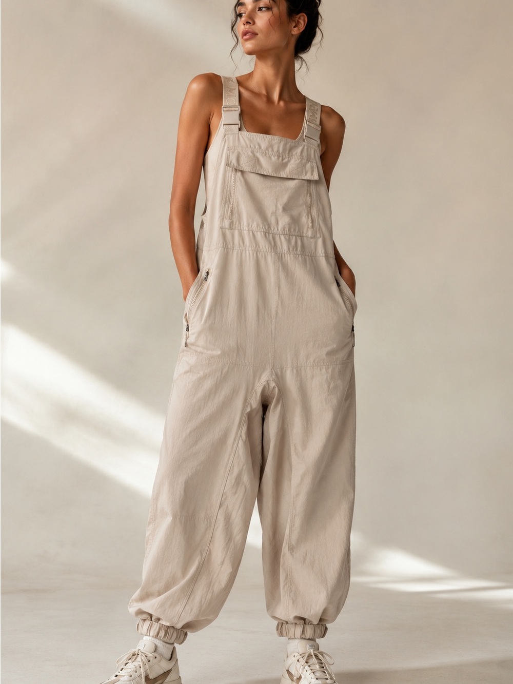 Free People Movement Cream Utility Overalls Jogger Jumpsuit Size L